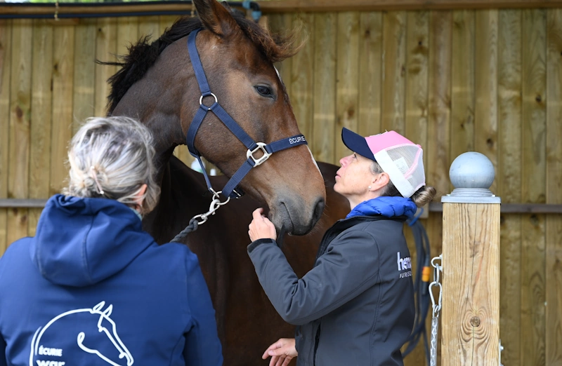 Anne-Gaëlle Goachet, hermoga, au cours d'un suivi nutritionnel dans une écurie de chevaux de sport et loisir en Bretagne